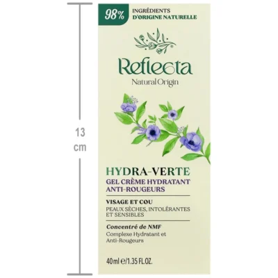 نمای بسته بندی کرم ژل مرطوب کننده صورت و گردن رفلکتا مدل Hydra Verte مناسب پوست های خشک حساس حجم 40 میلی لیتر برچسب و بسته بن