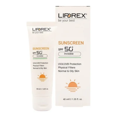 نمای کناری کرم ضد آفتاب بدون رنگ لیپورکس SPF 50 مدل I-O مناسب پوست های چرب حجم 40 میلی لیتر عمق قاب و پروفایل