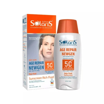 نمای کناری لوسیون ضد آفتاب بی رنگ آردن سولاریس، SPF ۵۰، مدل Age Repair Newgen، مناسب انواع پوست با حجم ۱۰۰ میلی لیتر، آب و مح