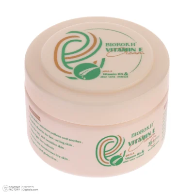 نمای بسته بندی کرم مرطوب کننده بایورخ مدل Vitamin E مناسب برای انواع پوست وزن ۲۷۰ گرم اصل برچسب و بسته بندی