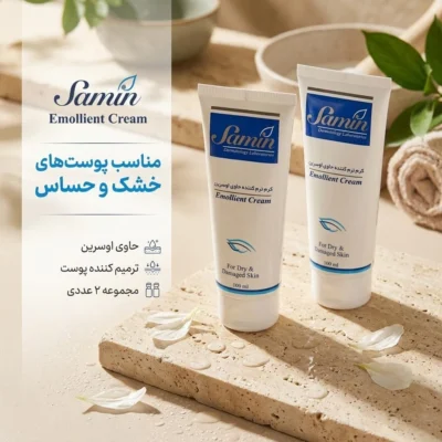 نمای بسته بندی کرم نرم کننده ثمین مدل emollient حجم ۱۰۰ میلی لیتر بسته ۲ عددی برچسب و بسته بندی