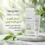 نمای بسته بندی کرم مرطوب کننده مارگریت مدل hyaluronic acid برای پوست چرب و آکنه ای حجم 50 میلی لیتر برچسب و بسته بندی