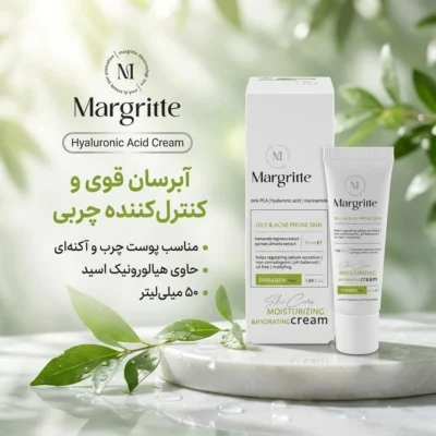 نمای بسته بندی کرم مرطوب کننده مارگریت مدل hyaluronic acid برای پوست چرب و آکنه ای حجم 50 میلی لیتر برچسب و بسته بندی