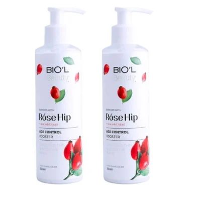 نمای بسته بندی کرم مرطوب کننده بیول مدل Rose Hip حجم ۲۵۰ میلی لیتر مجموعه ۲ عددی برچسب و بسته بندی
