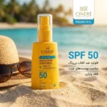 نمای کناری فلوئید ضد آفتاب بی رنگ سینره، ۵۰ SPF، مدل PREBIOTIC، مناسب پوست های چرب با حجم ۵۰ میلی لیتر، فاقد پارابن، محافظت ک