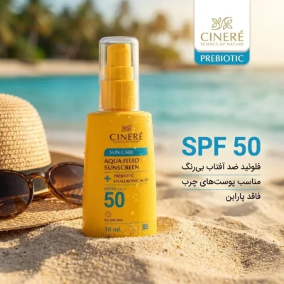 نمای کناری فلوئید ضد آفتاب بی رنگ سینره، ۵۰ SPF، مدل PREBIOTIC، مناسب پوست های چرب با حجم ۵۰ میلی لیتر، فاقد پارابن، محافظت ک