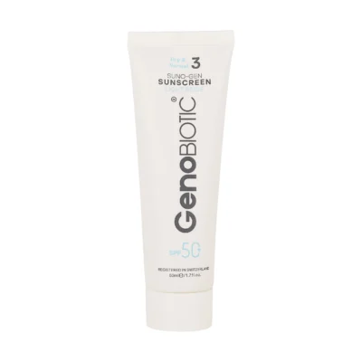 نمای کناری کرم ضد آفتاب رنگی صورت ژنوبایوتیک SPF ۵۰ مدل SUNOGEN محافظ UVA ،UVB، مناسب پوست های خشک و معمولی حجم ۵۰ میلی لیتر