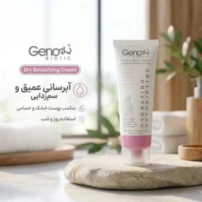 نمای بسته بندی کرم آبرسان ژنوبایوتیک مدل Dry Detoxifing حجم ۵۰ میلی لیتر برچسب و بسته بندی