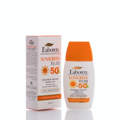 نمای کناری فلوئید ضد آفتاب بی رنگ دست، صورت لابورن SPF ۵۰ مدل Hyaluronic Acid محافظ UVA ،UVB مناسب برای انواع پوست حجم ۵۰ میل