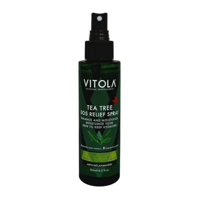 نمای بسته بندی اسپری مرطوب کننده ویتولا مدل Tea tree Sos relief حجم ۱۲۵ میلی لیتر برچسب و بسته بندی