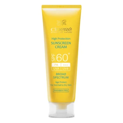 نمای کناری کرم ضد آفتاب بدون رنگ سینره، SPF۶۰، مدل اولترا، مناسب پوست معمولی و خشک حجم ۵۰ میلی لیتر، محافظت کننده در برابر اش