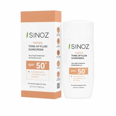 نمای کناری کرم ضد آفتاب رنگی صورت سینوز SPF 50+ مدل Tone-Up مناسب برای انواع پوست حجم 50 میلی لیتر عمق قاب و پروفایل