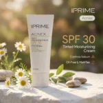 نمای بسته بندی کرم مرطوب کننده رنگی پرایم مدل Acnex SPF 30 حجم ۵۰ میلی لیتر برچسب و بسته بندی