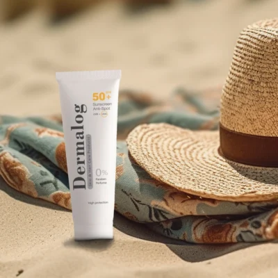 نمای کناری کرم ضد آفتاب بی رنگ صورت درمالوگ SPF 50 مدل 04 مناسب برای انواع پوست حجم 50 میلی لیتر عمق قاب و پروفایل