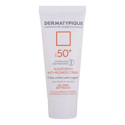 نمای کناری کرم ضد آفتاب بدون رنگ درماتیپیک SPF۵۰ مدل Anti_redness محافط UVB, UVA مناسب انواع پوست حجم ۴۰ میلی لیتر اصل عمق قا