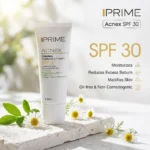 نمای بسته بندی کرم مرطوب کننده بدون رنگ پرایم مدل Acnex SPF 30 حجم ۵۰ میلی لیتر برچسب و بسته بندی