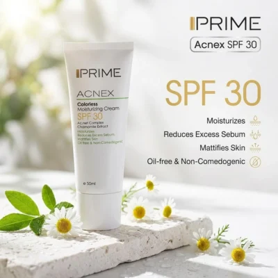 نمای بسته بندی کرم مرطوب کننده بدون رنگ پرایم مدل Acnex SPF 30 حجم ۵۰ میلی لیتر برچسب و بسته بندی