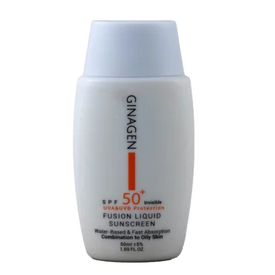 نمای کناری کرم ضد آفتاب بدون رنگ ژیناژن SPF ۵۰ مدل Fusion Liquid مناسب پوست های چرب و مختلط حجم ۵۰ میلی لیتر اصل عمق قاب و پر