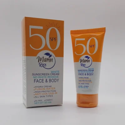 نمای کناری کرم ضد آفتاب بی رنگ صورت و بدن مارین رز SPF۵۰ مدل OIL FREE محافظت کننده در برابر اشعه UVA UVB مناسب انواع پوست حجم