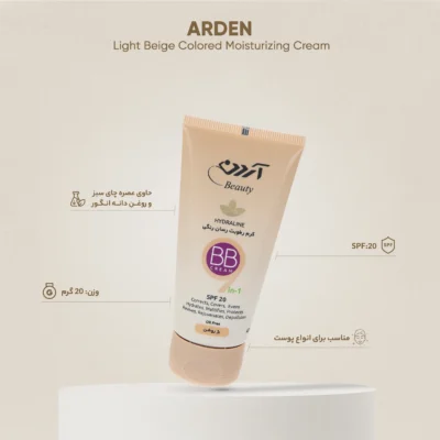 نمای بسته بندی کرم مرطوب کننده آردن بیوتی مدل Light Beige وزن ۴۰ گرم برچسب و بسته بندی