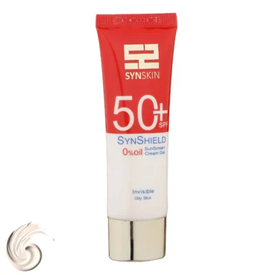 نمای کناری ژل کرم ضدآفتاب ساین اسکین بدون رنگ SPF۵۰ مدل SynShield، مناسب پوست های چرب، حجم ۵۰ میلی لیتر اصل عمق قاب و پروفایل