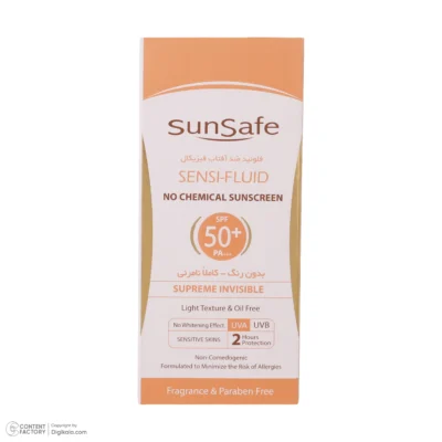 نمای کناری کرم ضد آفتاب بدون رنگ سان سیف SPF 50 مدل SENSI مناسب برای پوست های حساس حجم 50 میلی لیتر عمق قاب و پروفایل