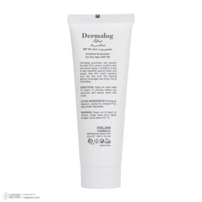 نمای کناری کرم ضد آفتاب بی رنگ صورت درمالوگ SPF 50 مدل 01 مناسب برای پوست خشک حجم ۵۰ میلی لیتر عمق قاب و پروفایل