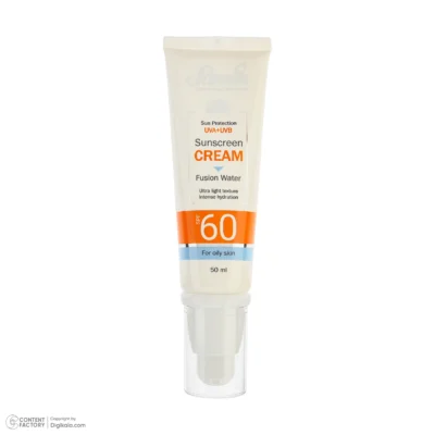 نمای کناری کرم ضد آفتاب بی رنگ صورت ثمین SPF ۶۰ مدل Fusion Water محافظ UVA ، UVB مناسب برای پوست های چرب حجم ۵۰ میلی لیتر اصل