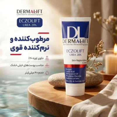 نمای بسته بندی کرم مرطوب کننده بدن درمالیفت مدل ECZOLIFT UREA 20% مناسب پوست های خشک حجم ۴۰ میلی لیتر برچسب و بسته بندی