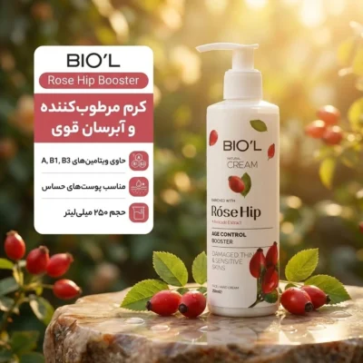 نمای بسته بندی کرم مرطوب کننده بیول مدل rose hip booster حجم ۲۵۰ میلی لیتر برچسب و بسته بندی