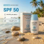 نمای کناری کرم ضد آفتاب بی رنگ تاجینادرم SPF ۵۰ مدل All skin مناسب برای انواع پوست محافظ UVA/UVB حجم ۵۰ میلی لیتر اصل عمق قاب