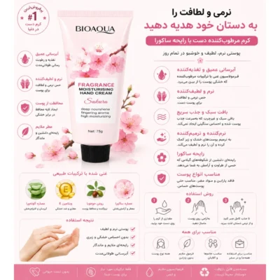 نمای بسته بندی کرم آبرسان صورت و دست بایو آکوا مدل ساکورا مناسب برای انواع پوست حجم 75 میلی لیتر برچسب و بسته بندی