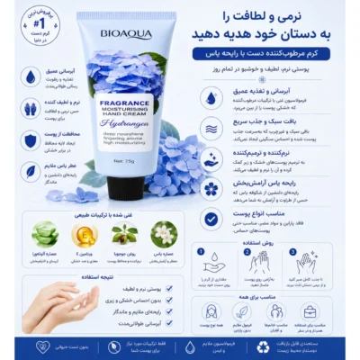 نمای بسته بندی کرم آبرسان دست و صورت بایو آکوا مدل گل هورتانسیا حجم 75 میلی لیتر برچسب و بسته بندی