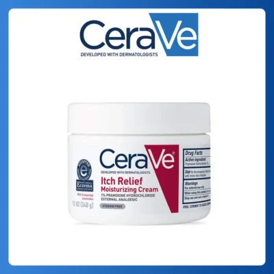 نمای بسته بندی کرم مرطوب کننده صورت، دست و گردن سراوی مدل Itch Relife مناسب برای انواع پوست وزن 340 گرم برچسب و بسته بندی