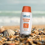نمای جزئیات لوسیون ضد آفتاب بی رنگ آردن سولاریس، SPF ۵۰، مدل Age Repair Newgen، مناسب انواع پوست با حجم ۱۰۰ میلی لیتر، آب و م