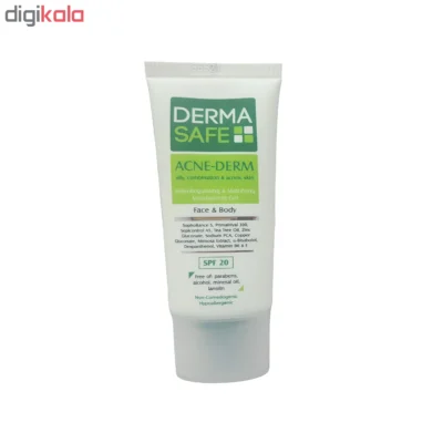 نمای بسته بندی ژل مرطوب کننده درماسیف مدل ACNE-DERM حجم ۴۰ میلی لیتر برچسب و بسته بندی