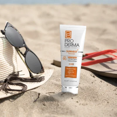 نمای کناری کرم ضد آفتاب رنگی پرودرما، SPF ۹۰، مدل ۹۰ Sunvest، مناسب انواع پوست با تنالیته متوسط و حجم ۴۰ میلی لیتر، ضدآب، فاق