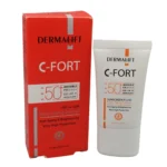 نمای در اتاق فلوئید ضد آفتاب بی رنگ درمالیفت SPF ۵۰ مدل C-Fort محافظ UVA ،UVB و PA++++، حاوی ویتامین C، پیری، مناسب انواع پوس