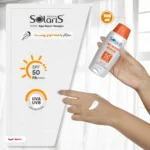 نمای جلو لوسیون ضد آفتاب بی رنگ آردن سولاریس، SPF ۵۰، مدل Age Repair Newgen، مناسب انواع پوست با حجم ۱۰۰ میلی لیتر، آب و محاف