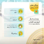 نمای جلو کرم ضد آفتاب بدون رنگ آرت وینا SPF ۵۰ مدل Highly Effective محافظ UVA ،UVB و PA+++، حساسیت، چروک پیری مناسب انواع پوس
