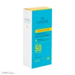 نمای کناری فلوئید ضد آفتاب رنگی بژ طبیعی صورت سینره SPF ۵۰ مدل AQUA محافظ UVA ،UVB و ++++PA مناسب برای انواع پوست حجم ۵۰ میلی