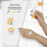نمای کناری کرم ضد آفتاب بدون رنگ آرت وینا SPF ۵۰ مدل Highly Effective محافظ UVA ،UVB و PA+++، حساسیت، چروک پیری مناسب انواع پ