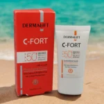 نمای کناری فلوئید ضد آفتاب بی رنگ درمالیفت SPF ۵۰ مدل C-Fort محافظ UVA ،UVB و PA++++، حاوی ویتامین C، پیری، مناسب انواع پوست