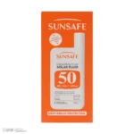 نمای جزئیات فلوئید ضد آفتاب بی رنگ صورت و بدن سان سیف SPF ۵۰ مدل Solar محافظ در برابر اشعه UVA UVB مناسب برای پوست حساس چرب ح